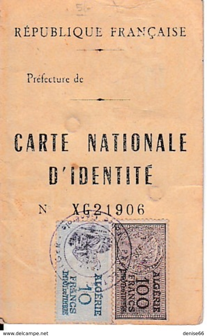 1960 - ALGER - CARTE NATIONALE D’IDENTITÉ Pour Un CORSE Quilicus CANARELLI - 2 Timbres Fiscaux - Documents Historiques