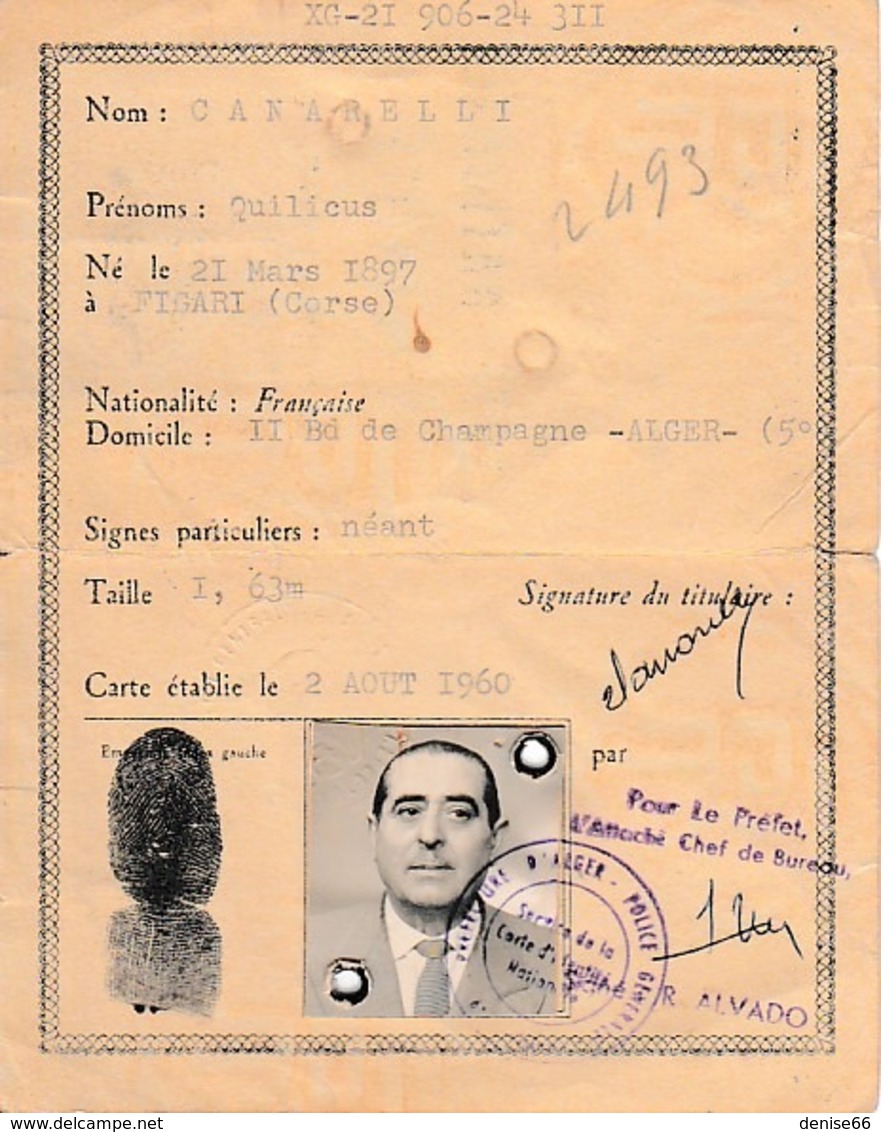 1960 - ALGER - CARTE NATIONALE D’IDENTITÉ Pour Un CORSE Quilicus CANARELLI - 2 Timbres Fiscaux - Documents Historiques