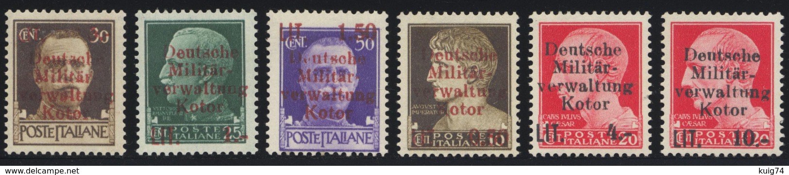 1944 CATTARO - KOTOR N.1-6 NUOVI** INTEGRI CON RARA VARIETA' CERT. BIONDI - MNH +OVERPRINT VARIETY BIONDI EXPERTISE - Occ. Allemande: Cattaro