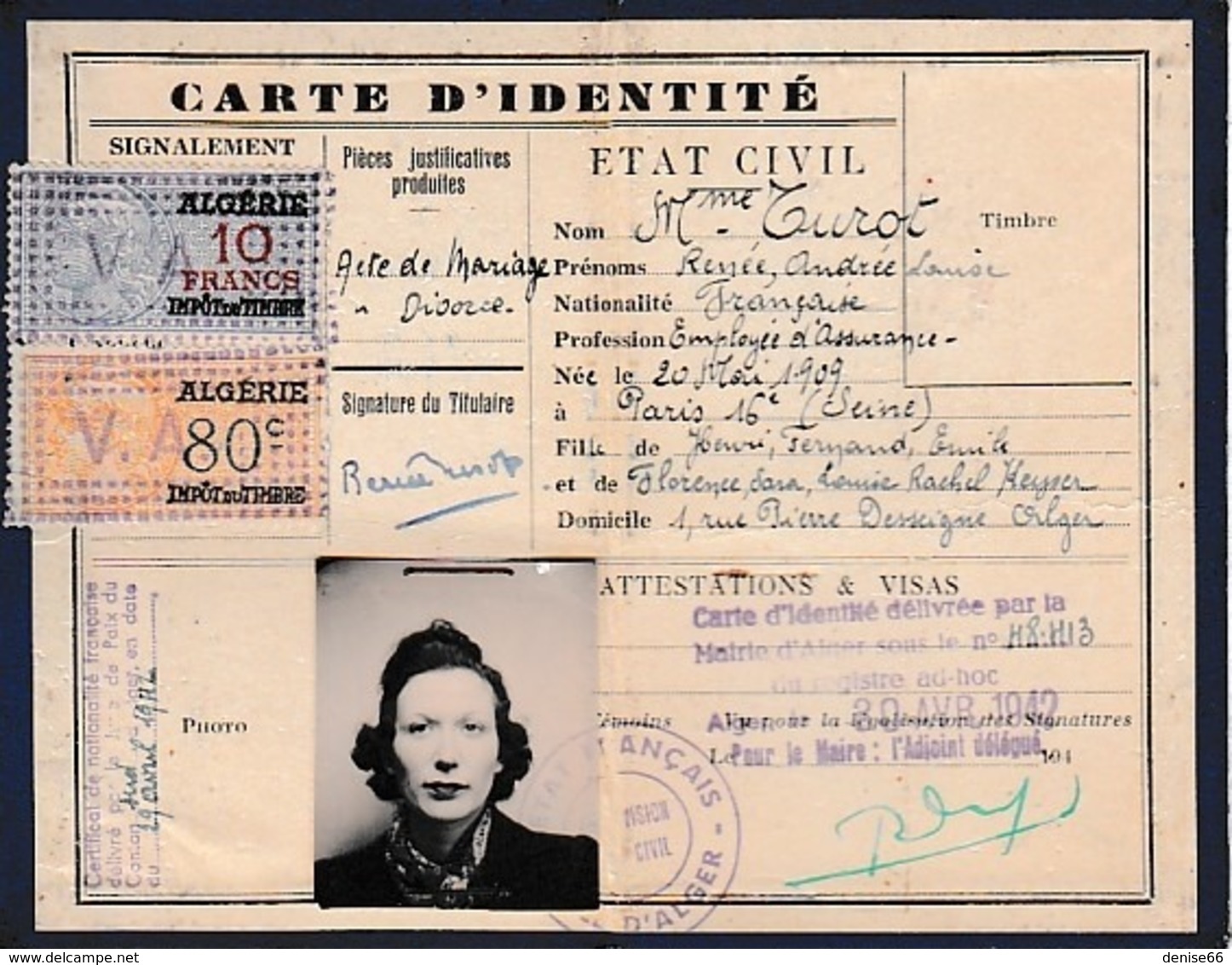 30 Avril 1942 - ALGER - CARTE D’IDENTITÉ  Délivrée Par La Mairie D'ALGER - 2 Timbres Fiscaux - - Documentos Históricos