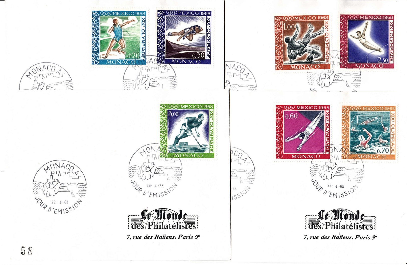 MONACO - 1968 - Lot De 4 FDC - JO Mexico 1968 - FDC