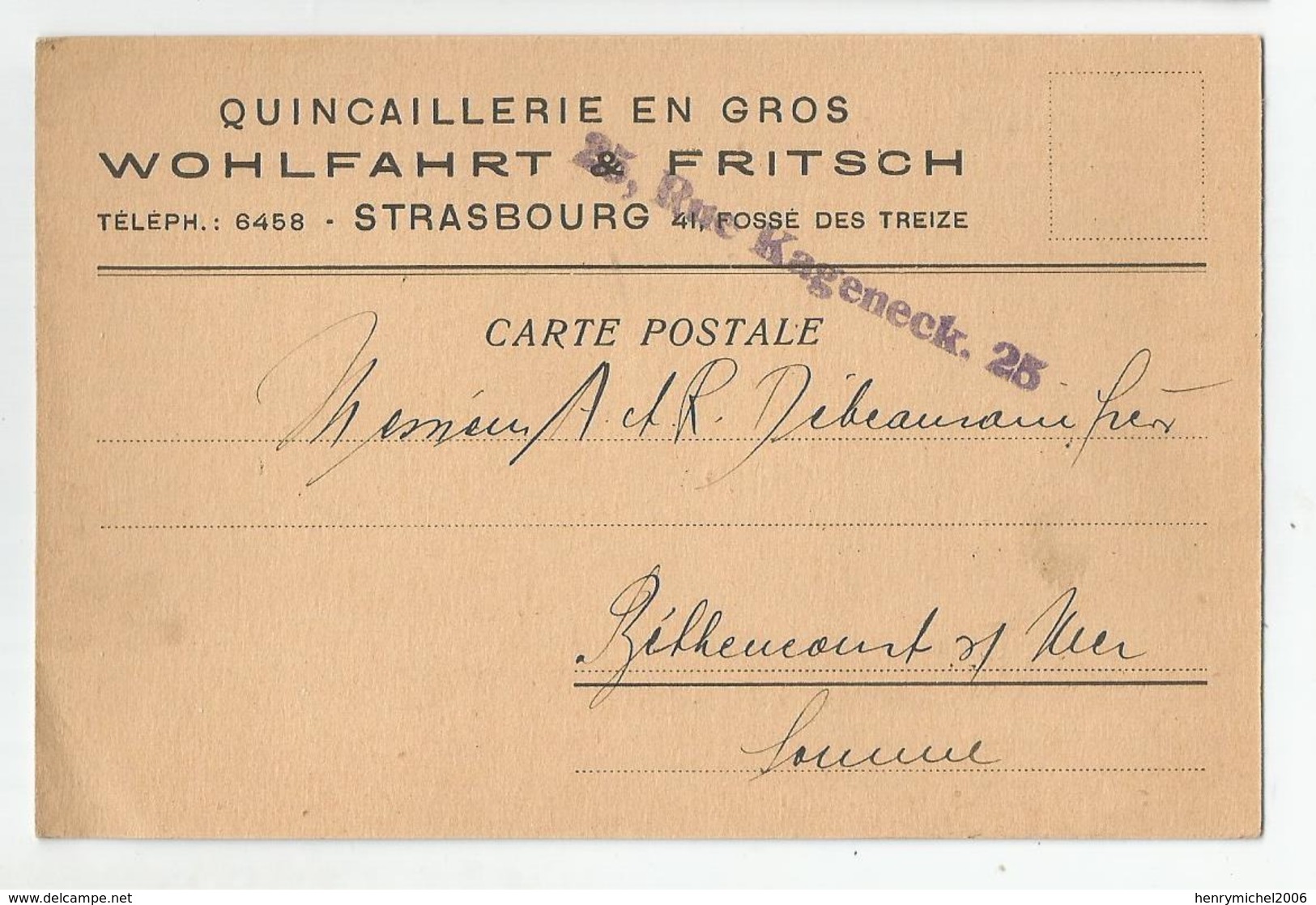 67 Strasbourg Pub Quincaillerie En Gros Wohlfahrt Fritsch 41 Fossé Des Treize Cachet 25 Rue Kageneck - Strasbourg