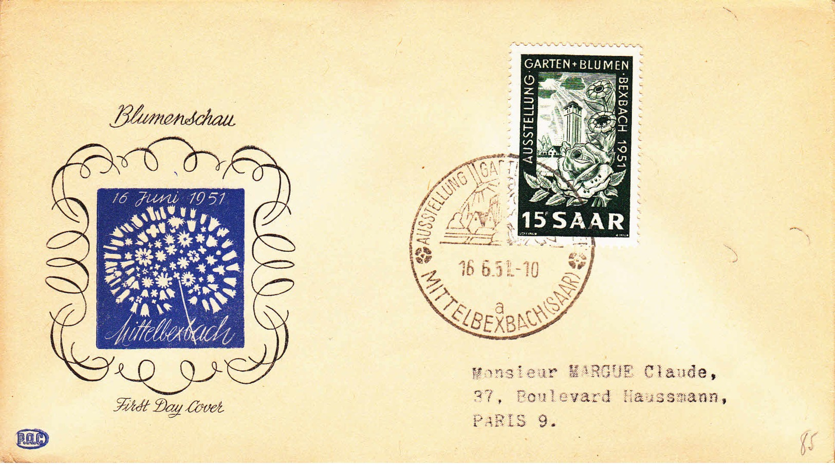 SARRE - 1951 - FDC : Exposition Horticole De Mittlebexbach - FDC