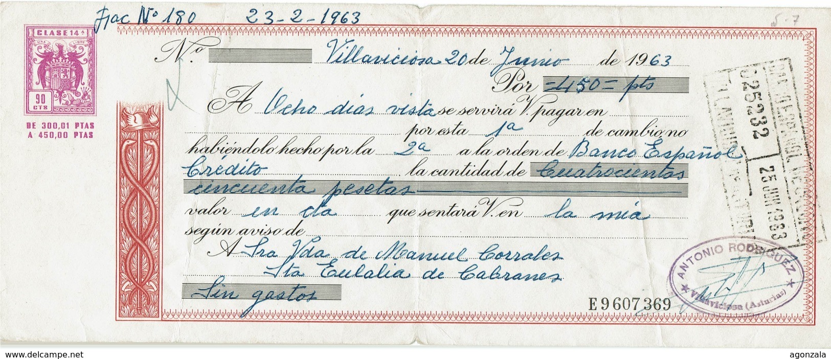 LETTRE DE CHANGE ESPAGNE - ANNÉE 1963 - ANTONIO RODRIGUEZ - VILLAVICIOSA ASTURIAS - Lettres De Change