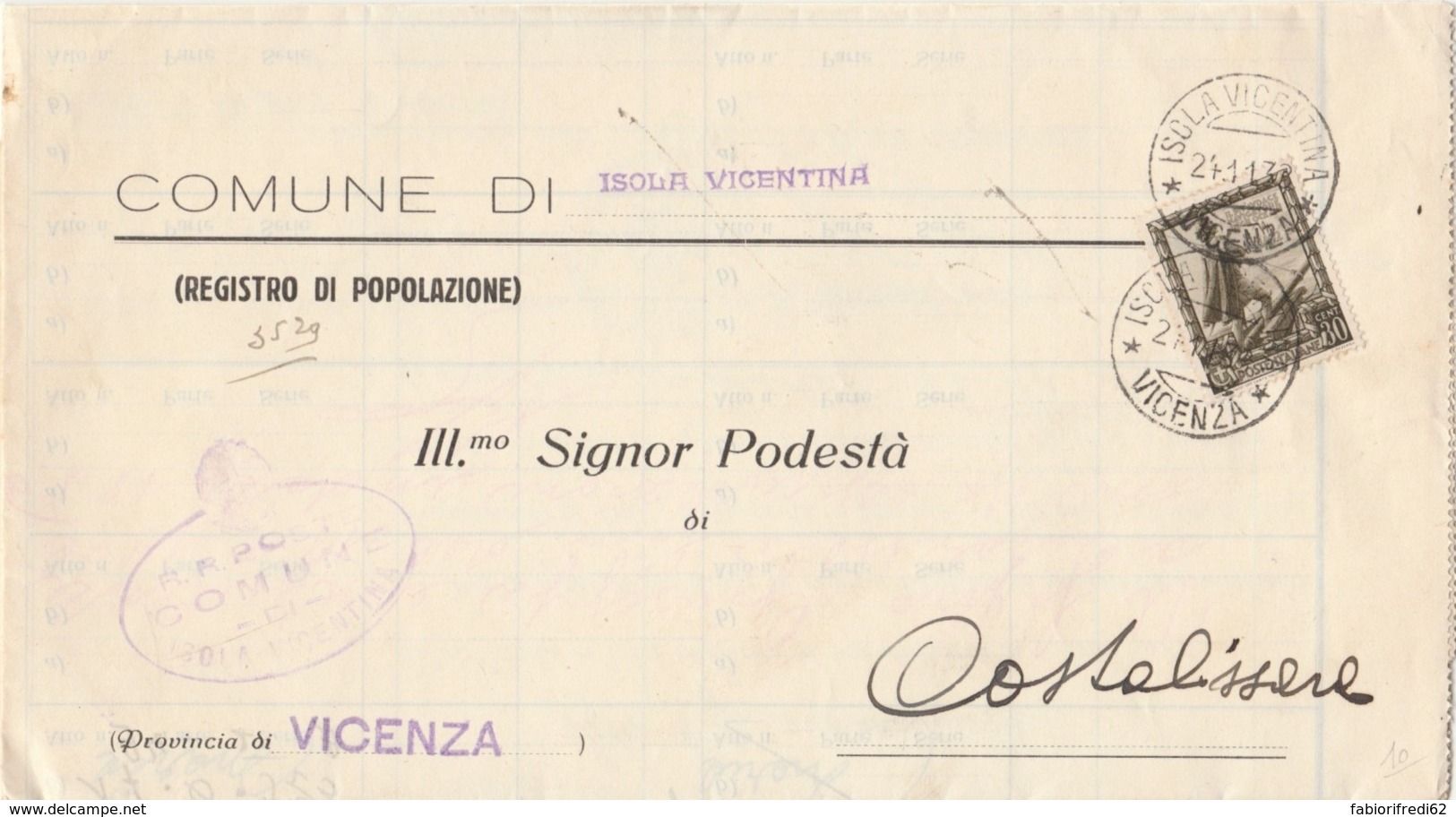 LETTERA 1938 C.30 PROCL.IMPERO TIMBRO ISOLA VICENTINA (IX830 - Marcophilia