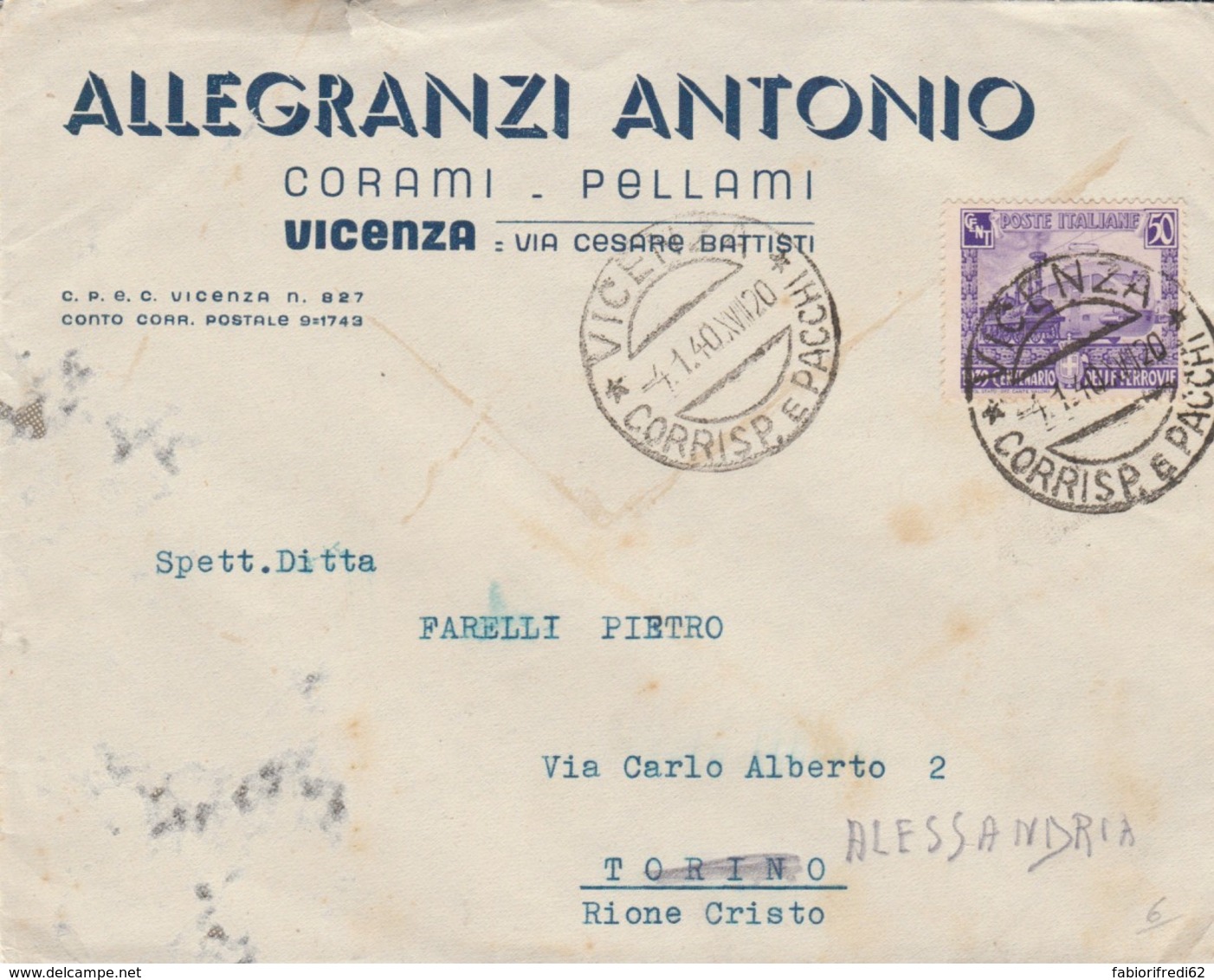 LETTERA 1940 50 C. CENT.FERROVIE TIMBRO VICENZA-CRISTO-ALESSANDRIA (IX721 - Storia Postale
