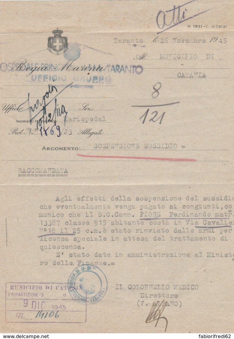 RACCOMANDATA LUOGOTENENZA 1945 TIMBRO ARSENALE TARANTO (IX773 - Storia Postale