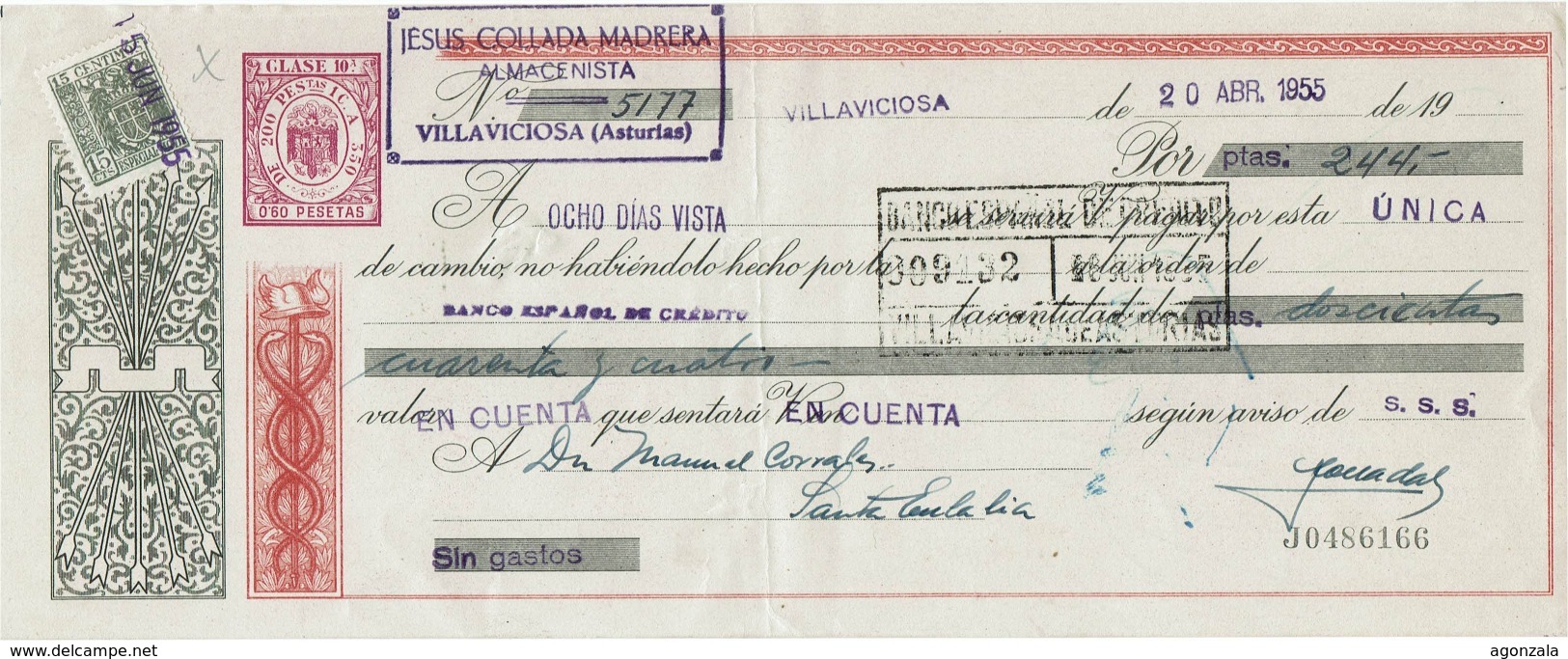 LETTRE DE CHANGE ESPAGNE - ANNÉE 1955 - JESUS COLLADA MADRERA ALMACENISTA - VILLAVICIOSA ASTURIAS - Lettres De Change