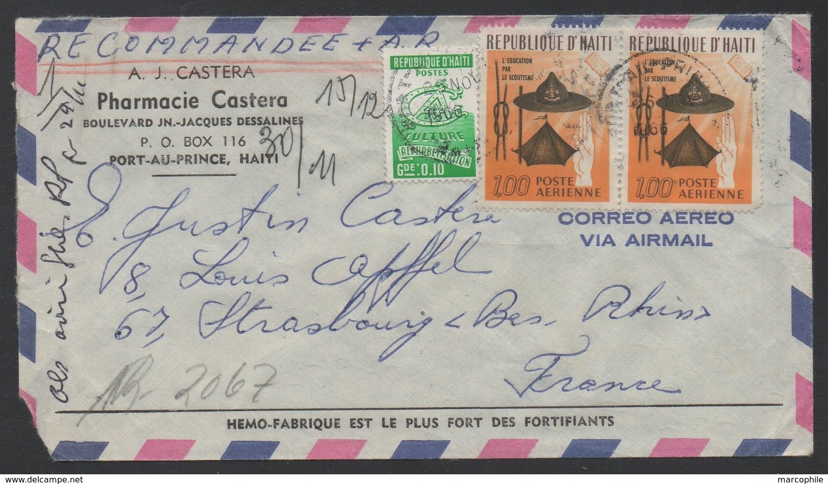 HAITI - PORT AU PRINCE / 1966 LETTRE RECOMMANDEE  AR PAR AVION POUR LA FRANCE - STRASBOURG (ref LE519) - Haïti