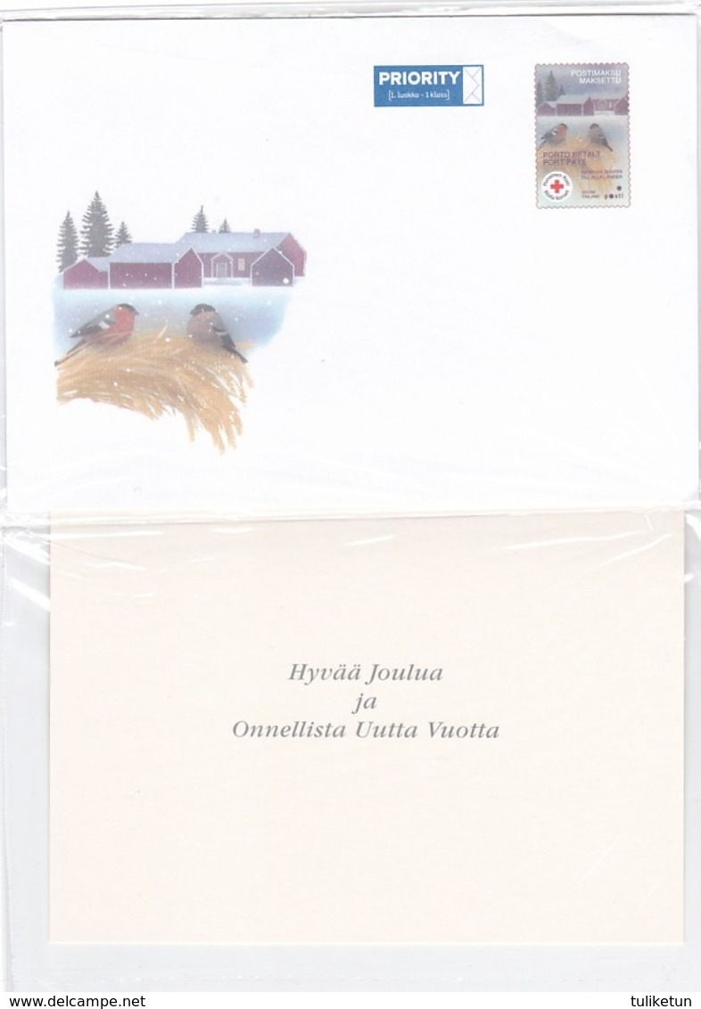 Postal Stationery - Birds - Bullfinches - Going To Christmas Church - Red Cross - Suomi Finland - Postage Paid - Double - Postal Stationery