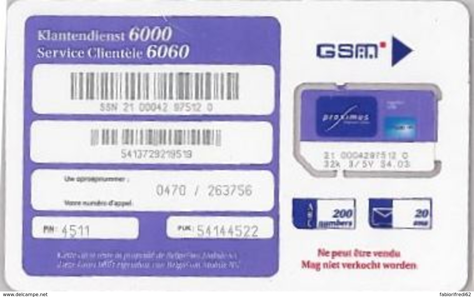 SIM CARD NOT ACTIVE-BELGIO (E47.50.3 - Carte GSM, Ricarica & Prepagata