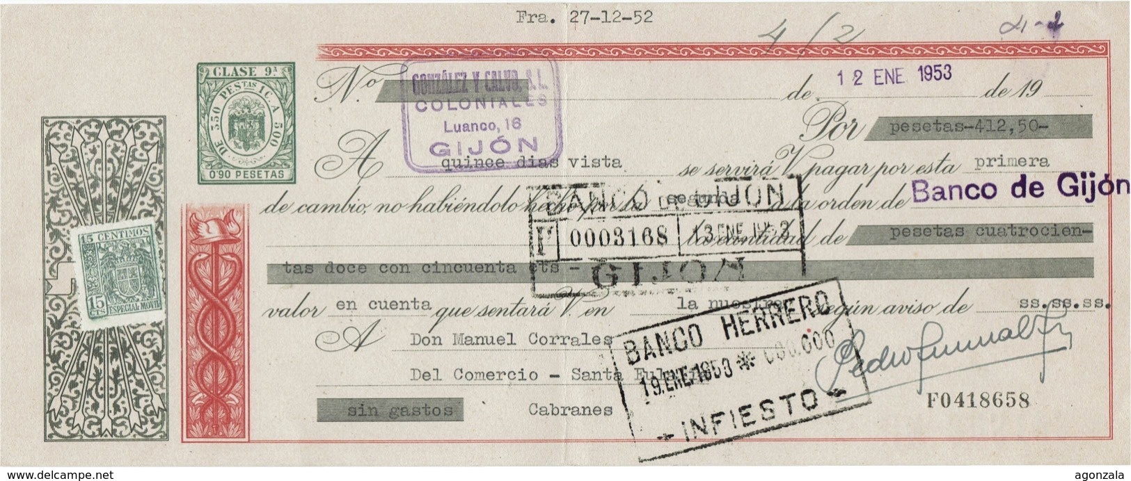 LETTRE DE CHANGE ESPAGNE - ANNÉE 1953 - GONZÁLEZ Y CALVO S.L. COLONIALES - GIJÓN ASTURIAS - Bills Of Exchange