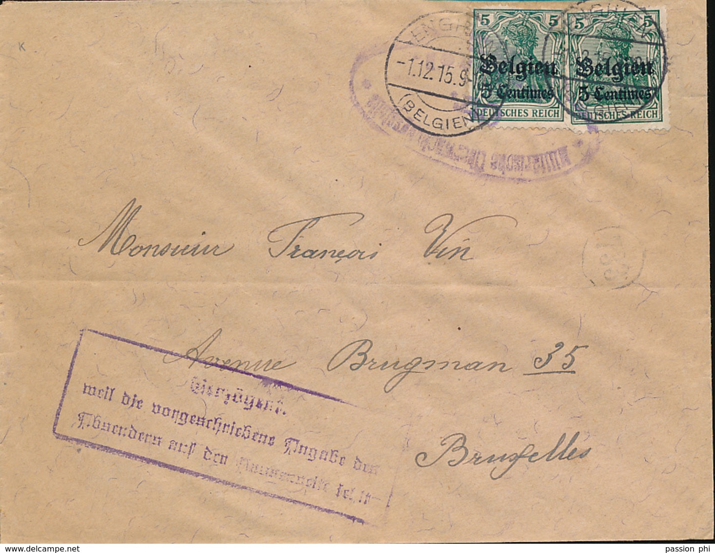 BELGIUM  WW1 COVER FROM ENGHIEN TO BRUSSELS - OC1/25 General Government