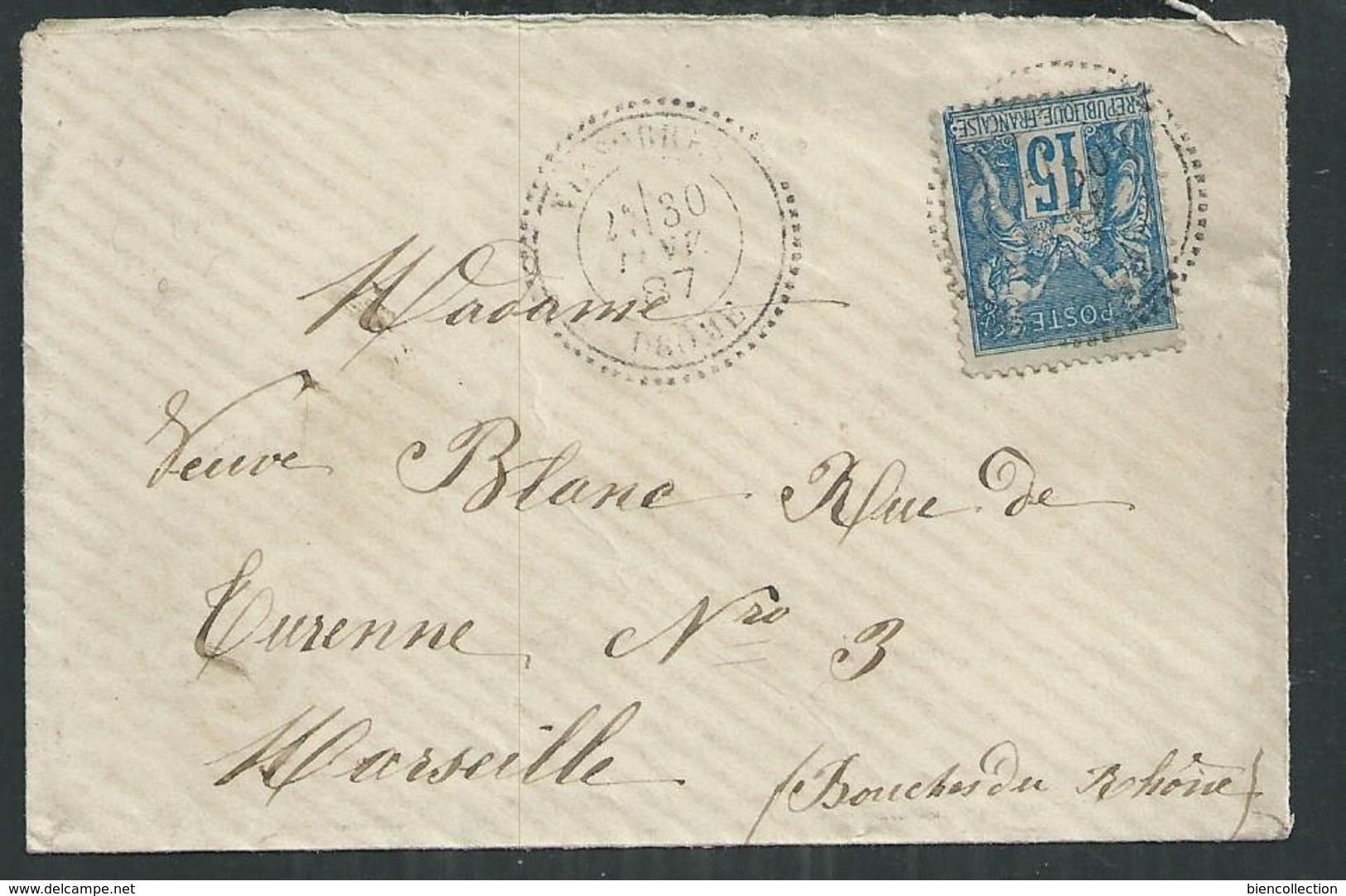 15cts Type Sage Sur Enveloppe Petit Format Ob Cachet Type 25 De Vinsobres (Drôme) Pour Marseille Indice 17 Cote 220€ - 1876-1898 Sage (Type II)