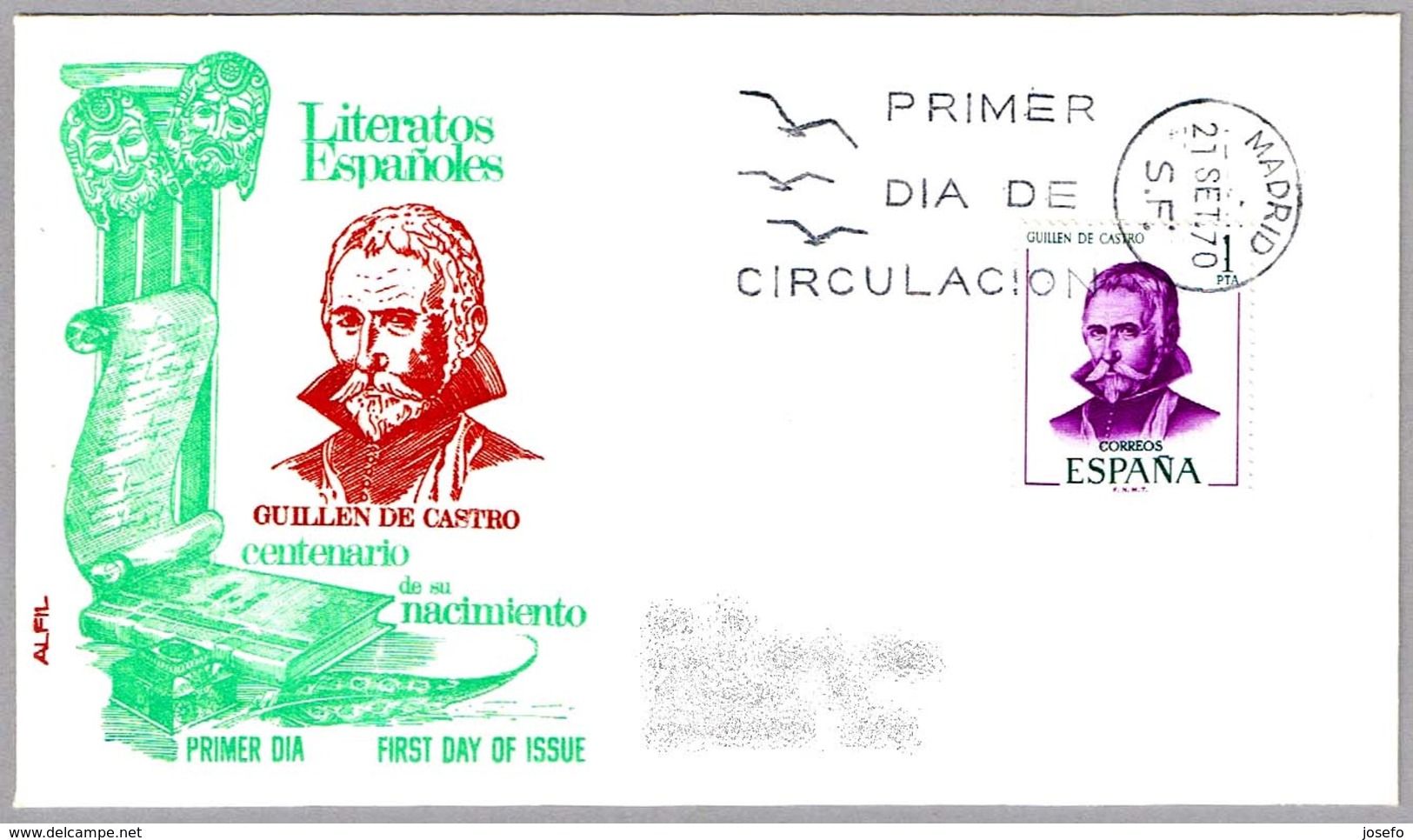 Centenario Del Nacimiento De GUILLEN DE CASTRO. Escritor - Writer. SPD/FDC Madrid 1970 - Escritores