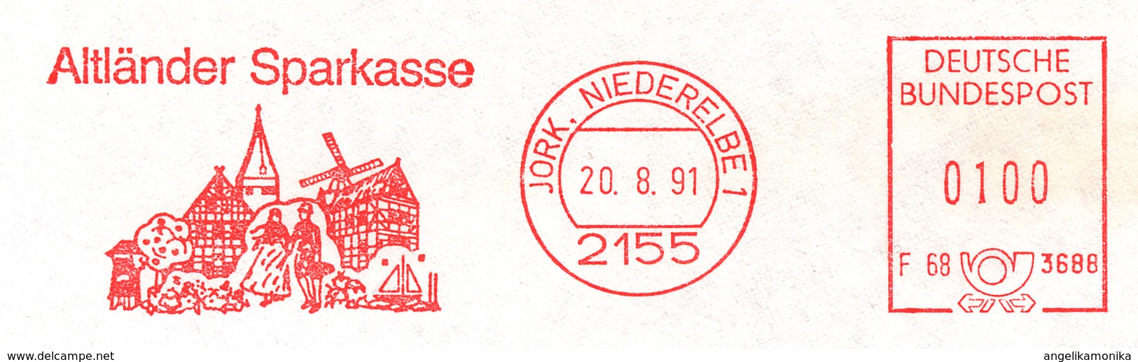 Freistempel 8336 Sparkasse Mühle Trachtenpaar Stadtansicht - Maschinenstempel (EMA)