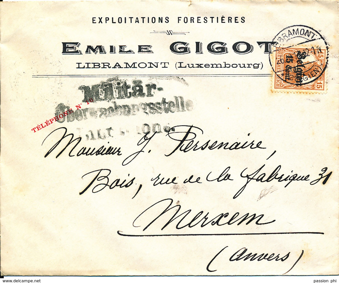 BELGIUM  WW1 COVER FROM LIBRAMONT TO MERXEM - OC1/25 General Government