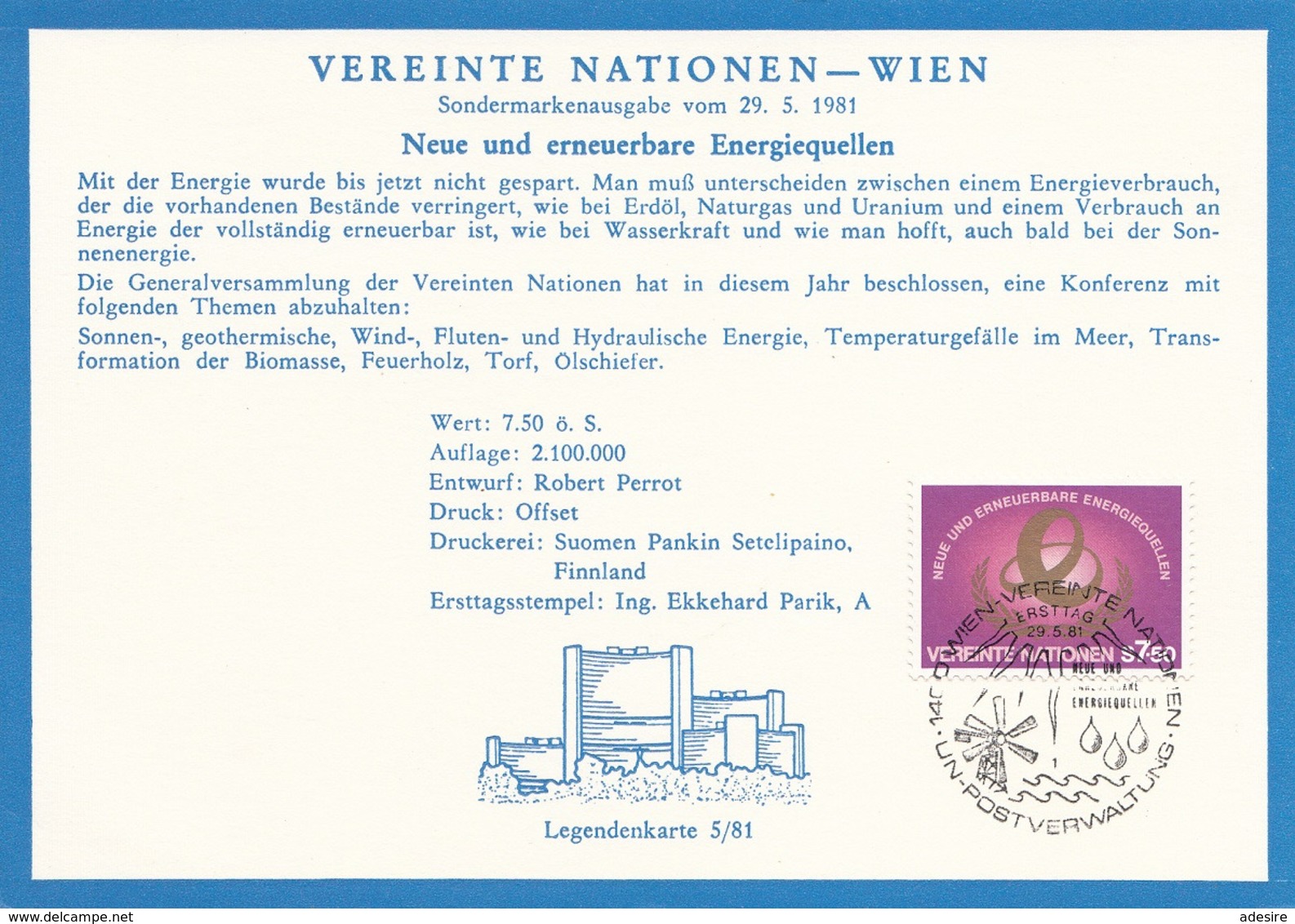 VEREINTE NATIONEN WIEN 1981 - 7,5 S + Sonderstempel Auf Karte - Briefe U. Dokumente