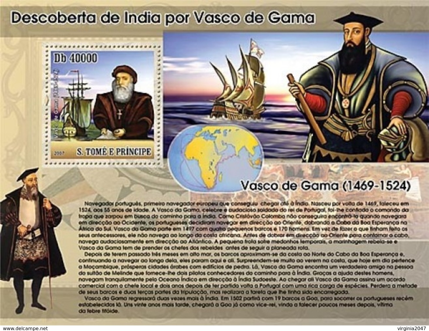 2007 Santo Tome Y Principe Personajes Vasco De Gama Transporte Barcos - Sonstige & Ohne Zuordnung