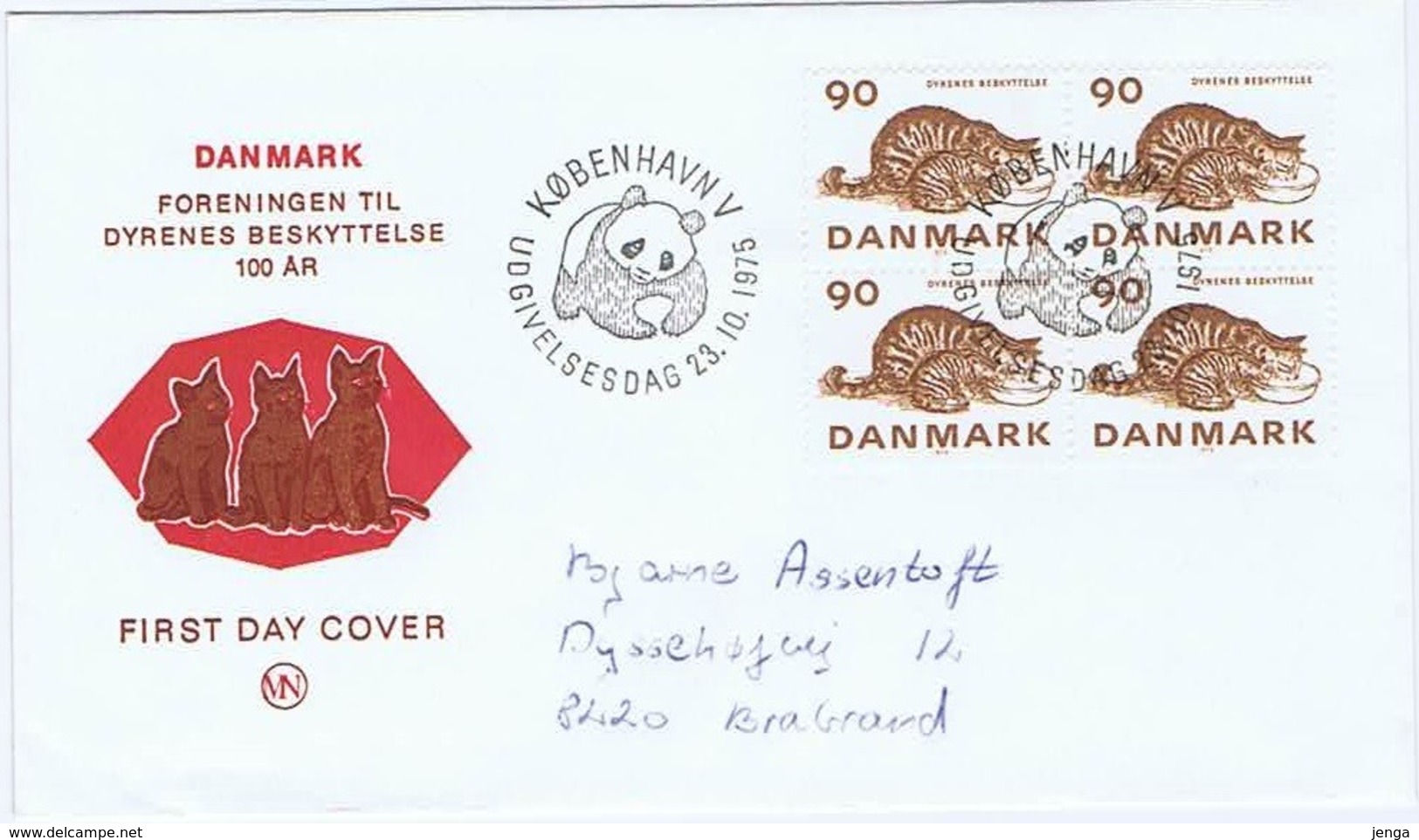 Denmark; 1975; Animal Protection; Cat; Block Of 4. Panda Postmark - FDC