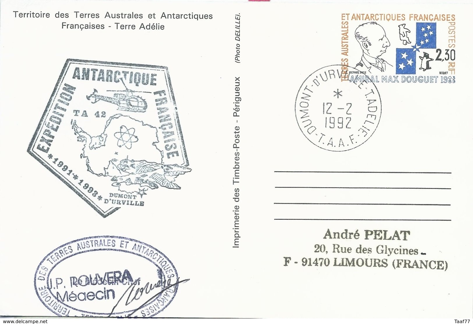 TAAF - Dumont D'Urville-T.Adélie: Entier Postal N°1-CP Amiral Douguet - 12/02/1992 - Lettres & Documents