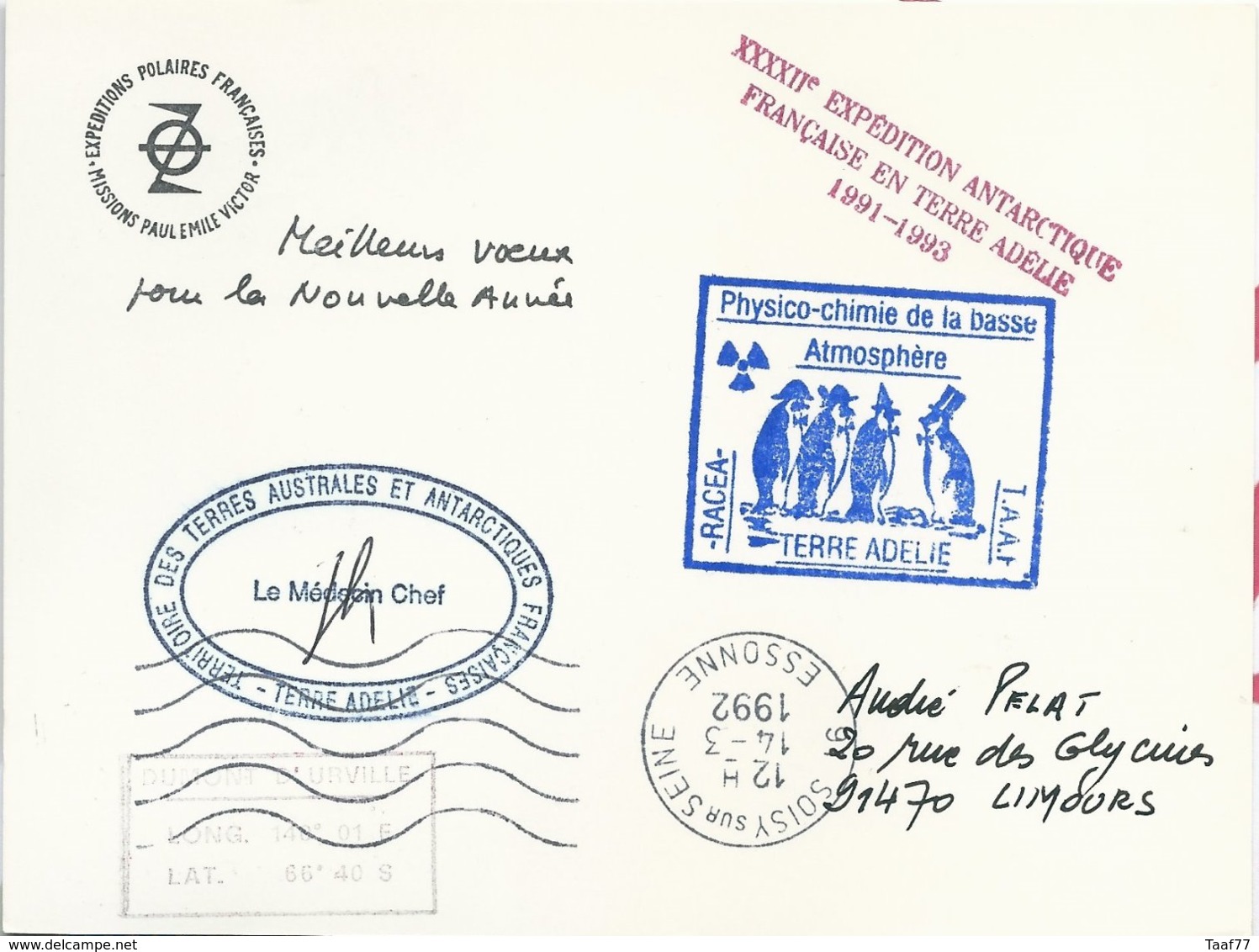 TAAF - Dumont D'Urville-T.Adélie: Carte Illustrée PE Victor Avec Timbre N°159 Otarie à Fourrure - 12/02/1992 - Storia Postale