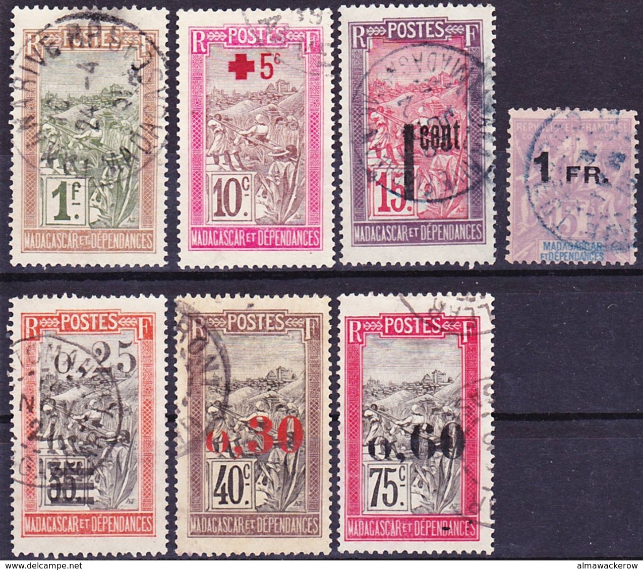 Madagascar 1908-21 Lot De Timbres Courants De 1908 Et Surchargés Incluant Yv 126 Et 130 Oblitéré O - Used Stamps