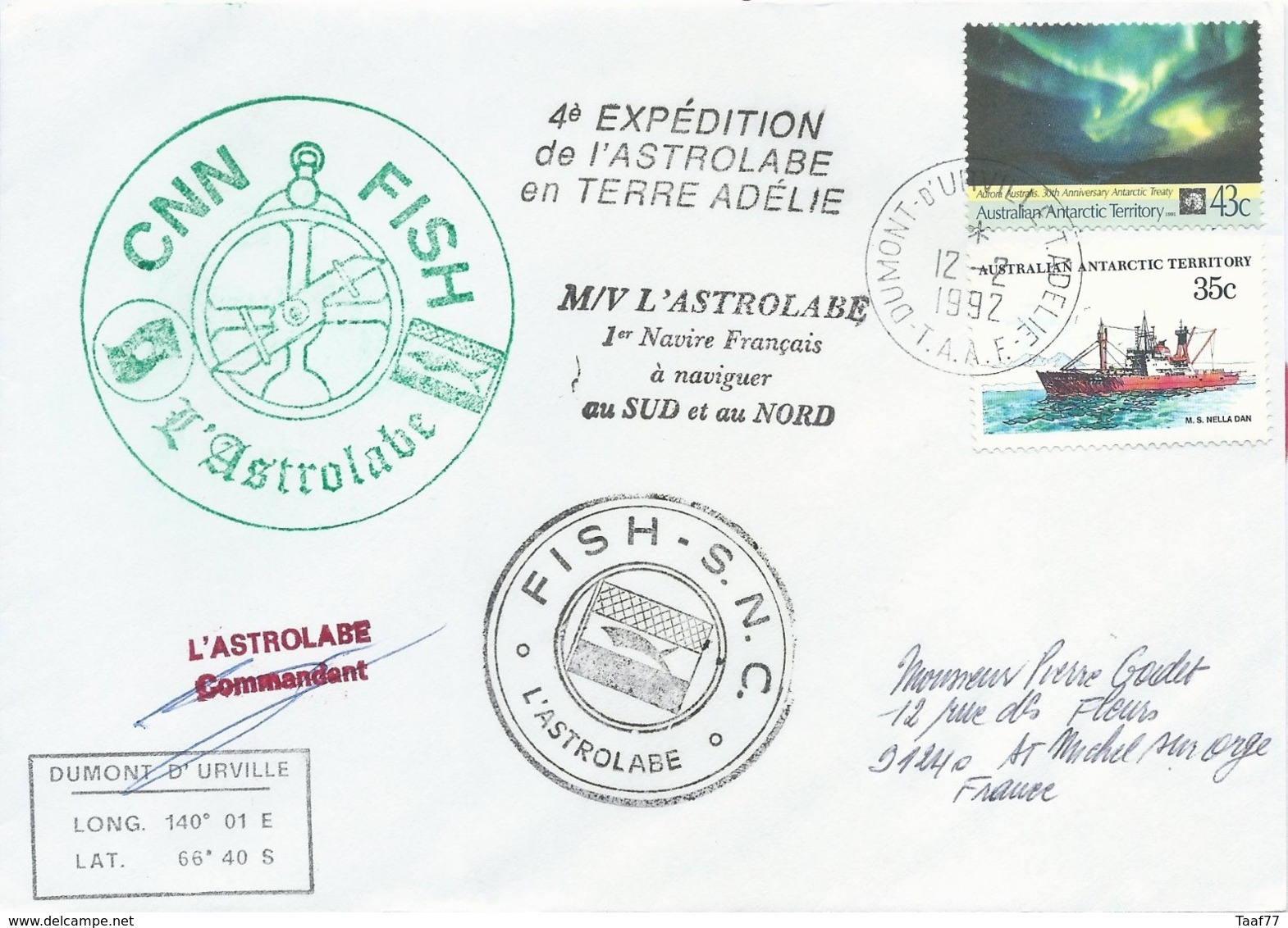 TAAF - Dumont D'Urville-T.Adélie: Lettre "L'Astrobale" Avec Australian Antarctic Territory N°44 Et 88 - 12/02/1992 - Lettres & Documents