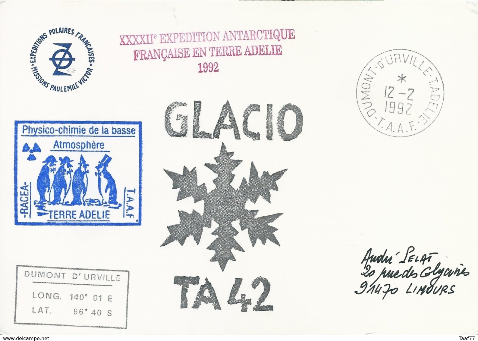 TAAF - Dumont D'Urville-T.Adélie: Carte Illustrée PE Victor Avec Timbre N°157 Douguet - 12/02/1992 - Lettres & Documents