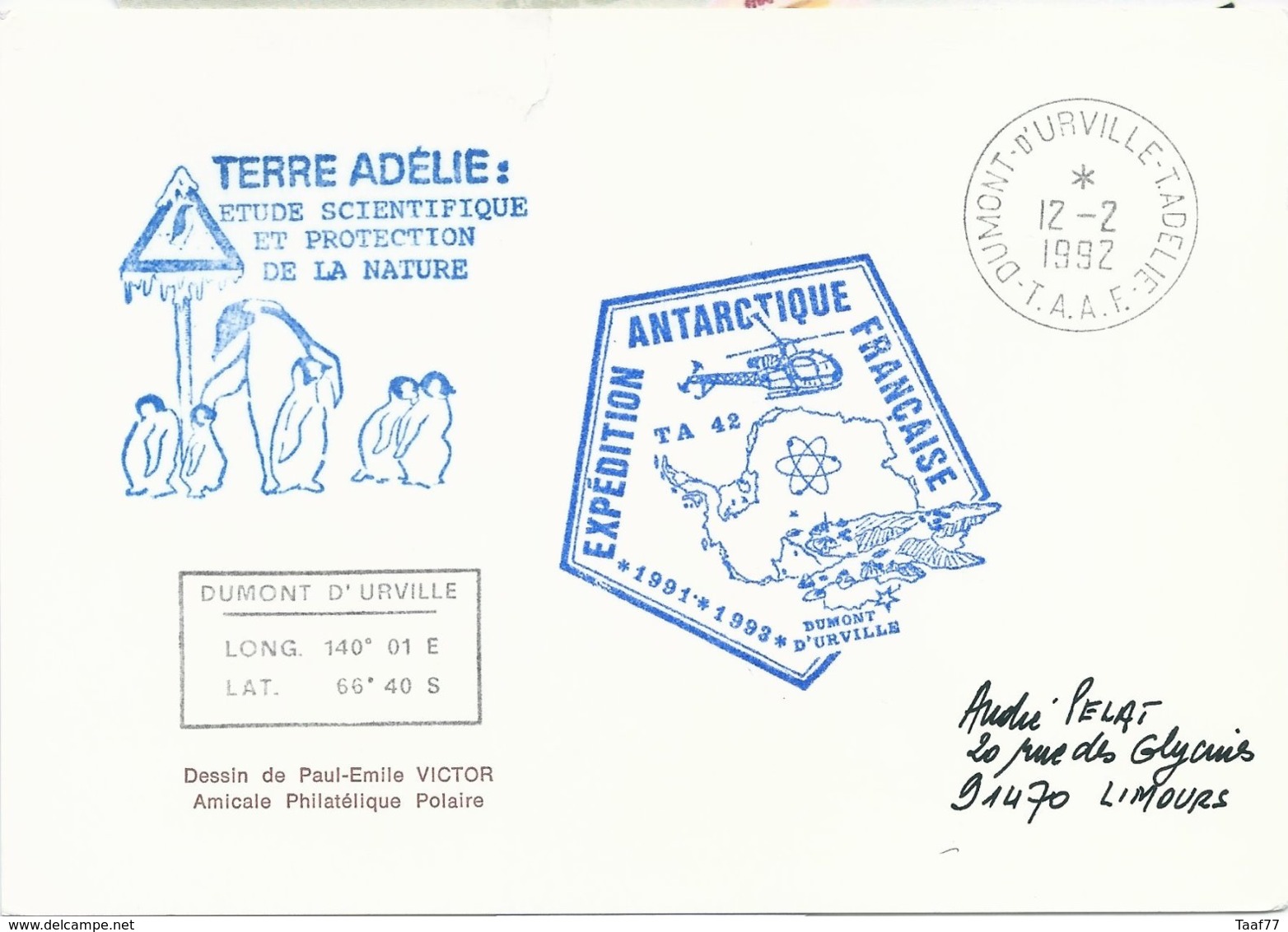 TAAF - Dumont D'Urville-T.Adélie: Carte Illustrée PE Victor Avec Timbre N°157 Douguet - 12/02/1992 - Lettres & Documents