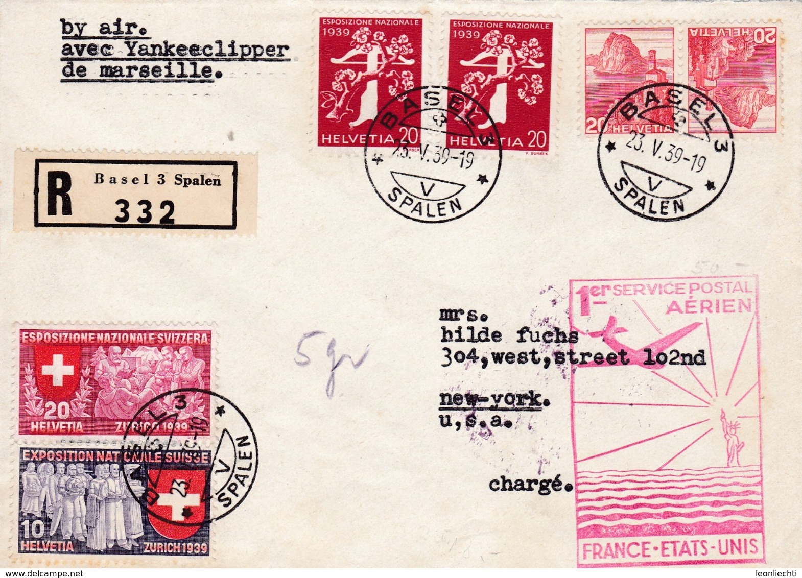 Brief 1939: Von Basel - Marseille - New York N.Y.. Zu: 2x 238z +226 +222 + K35y  / Mi: 2x 354z + 342 +338 + K35Y. - Premiers Vols