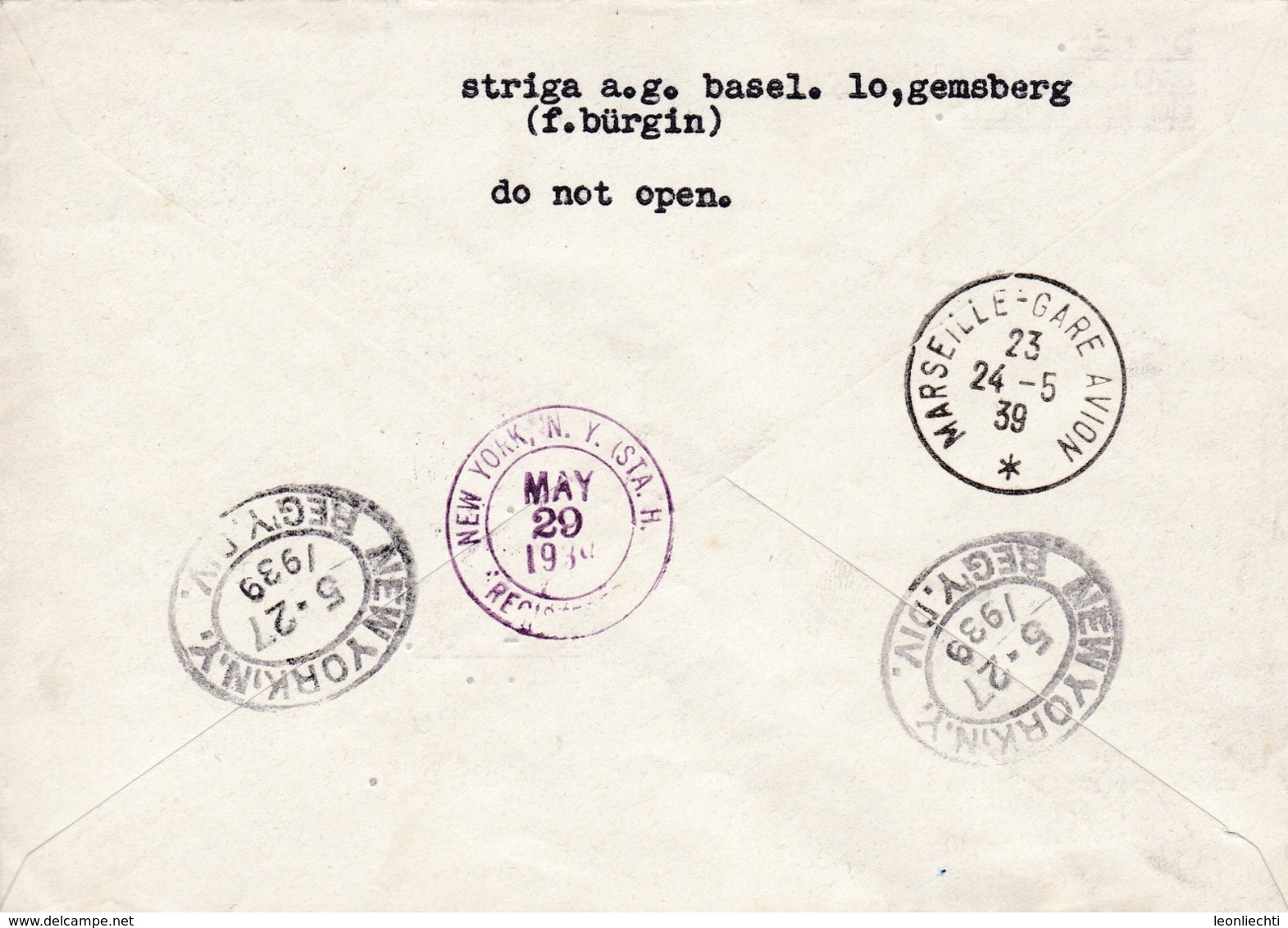 Brief 1939: Von Basel - Marseille - New York N.Y.. Zu: 2x 238z +226 +222 + K35y  / Mi: 2x 354z + 342 +338 + K35Y. - Primi Voli