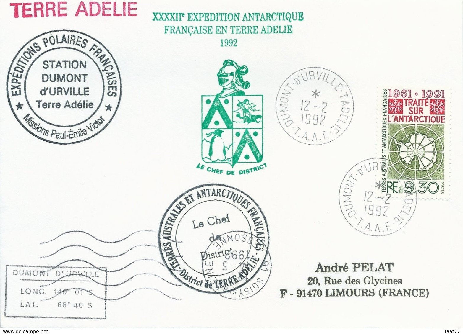 TAAF - Dumont D'Urville-T.Adélie: Lettre Avec Timbre N°162 Traité Sur L'Antarctique - 12/02/1992 - Lettres & Documents