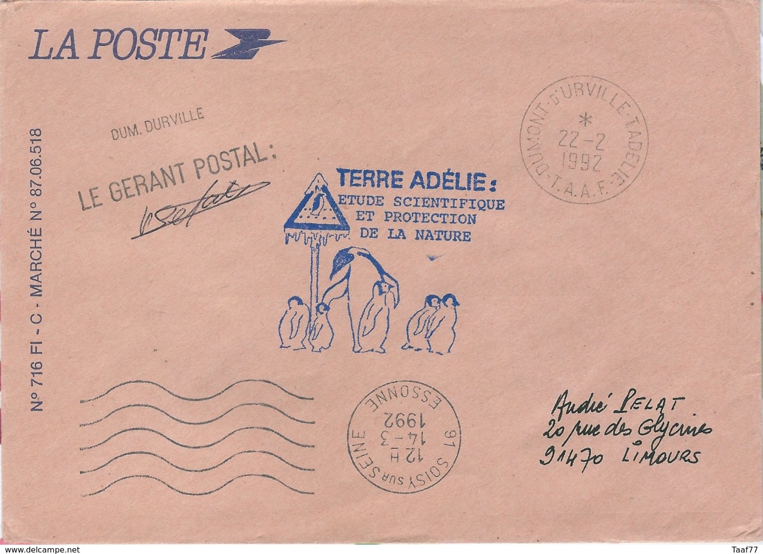 TAAF - Dumont D'Urville-T.Adélie: Enveloppe De Service La Poste - 22/02/1992 - Lettres & Documents