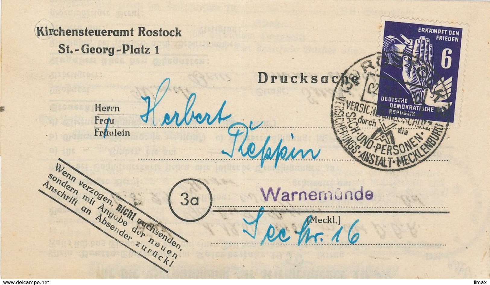 Rostock 1951 Sach- & Personen-Versicherungs-Anstalt Mecklenburg - Erkämpft Den Frieden - Kirchensteueramt - Lettres & Documents