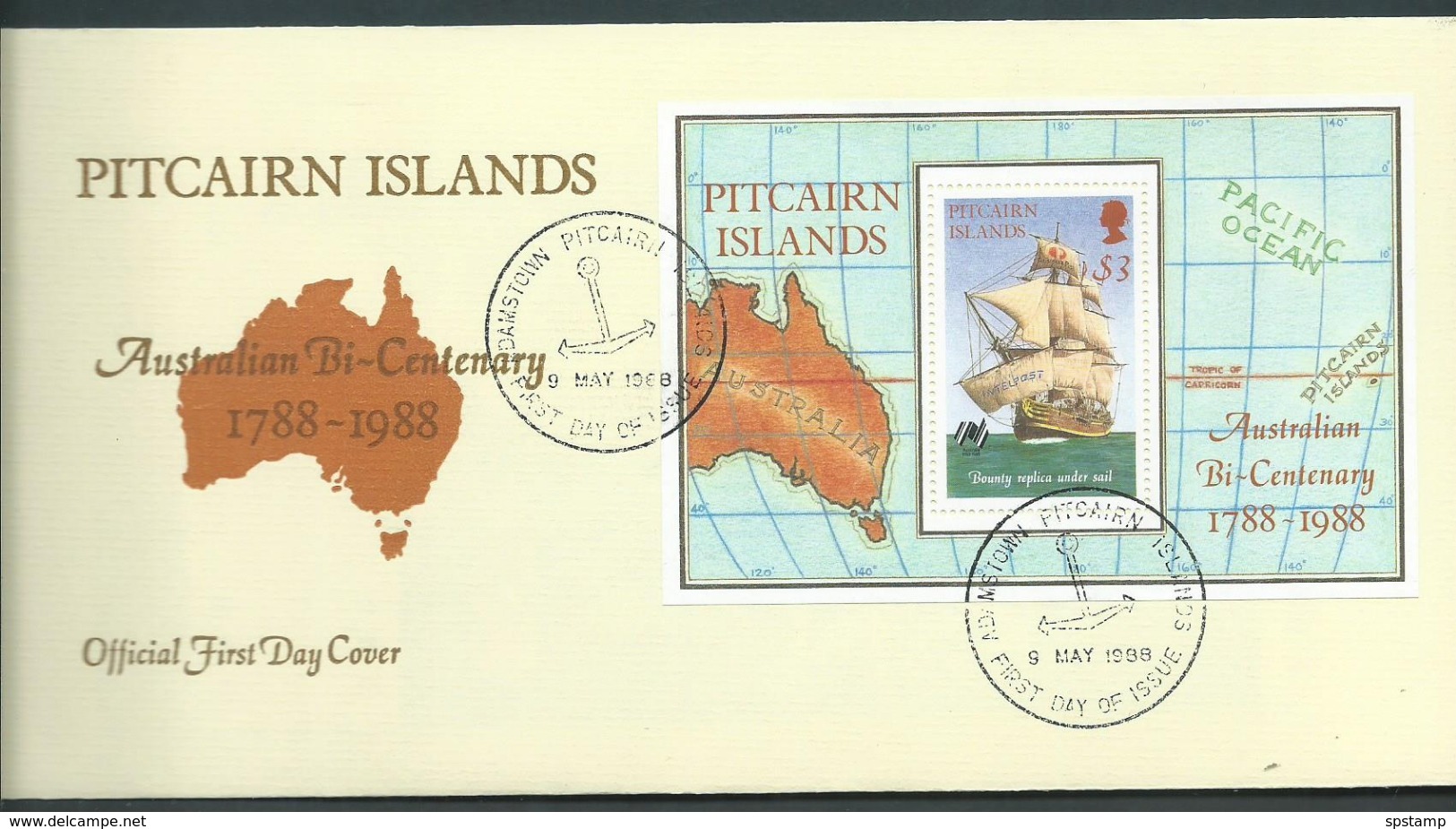 Pitcairn Islands 1988 Australia Bicentenary Ship Miniature Sheet On FDC Official Unaddressed - Pitcairn Islands