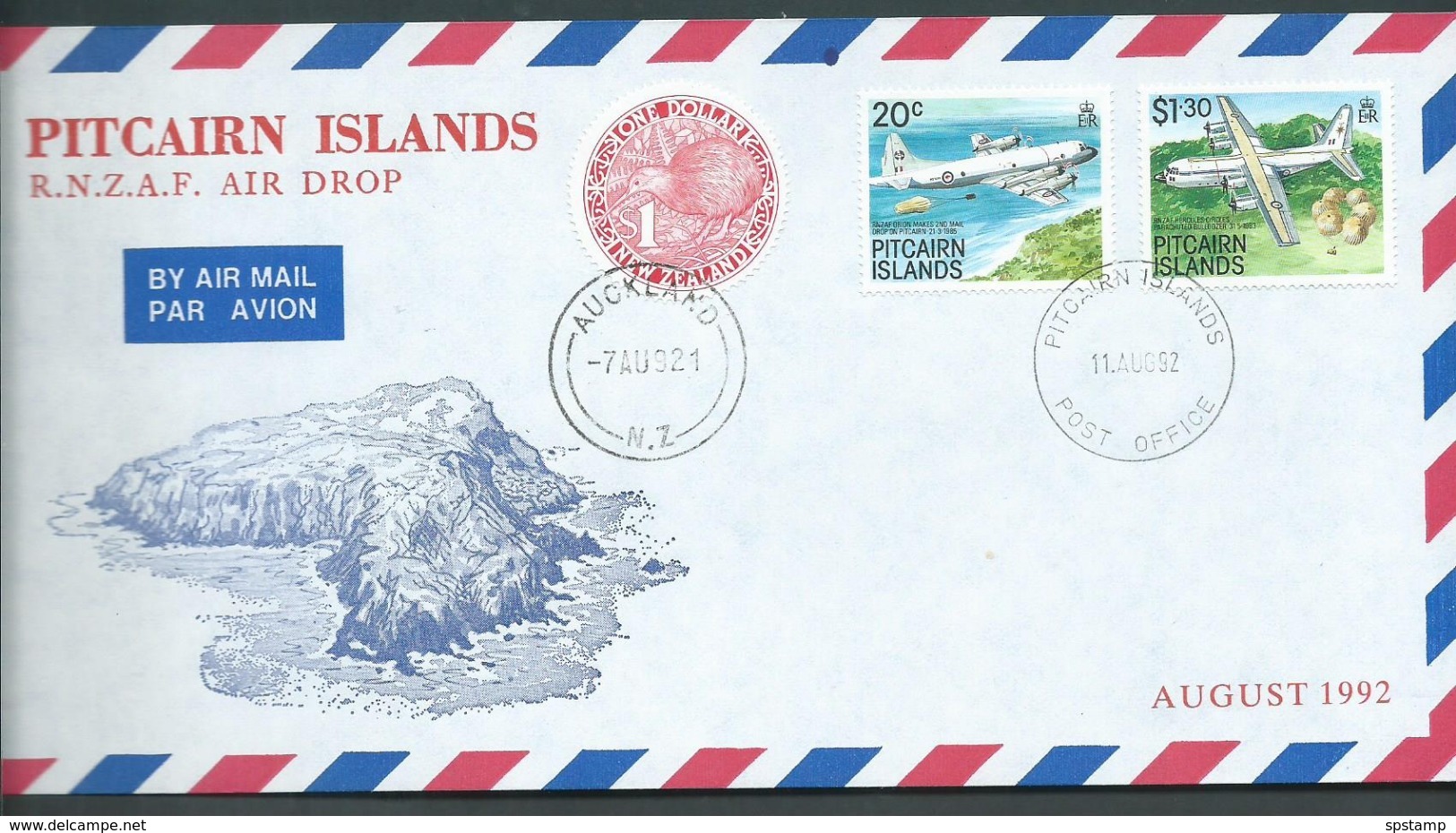 Pitcairn Islands 1992 RNZAF Air Drop Combination Cover With 20c & $1.30 Plane & $1 NZ Kiwi Adhesive - Pitcairn Islands