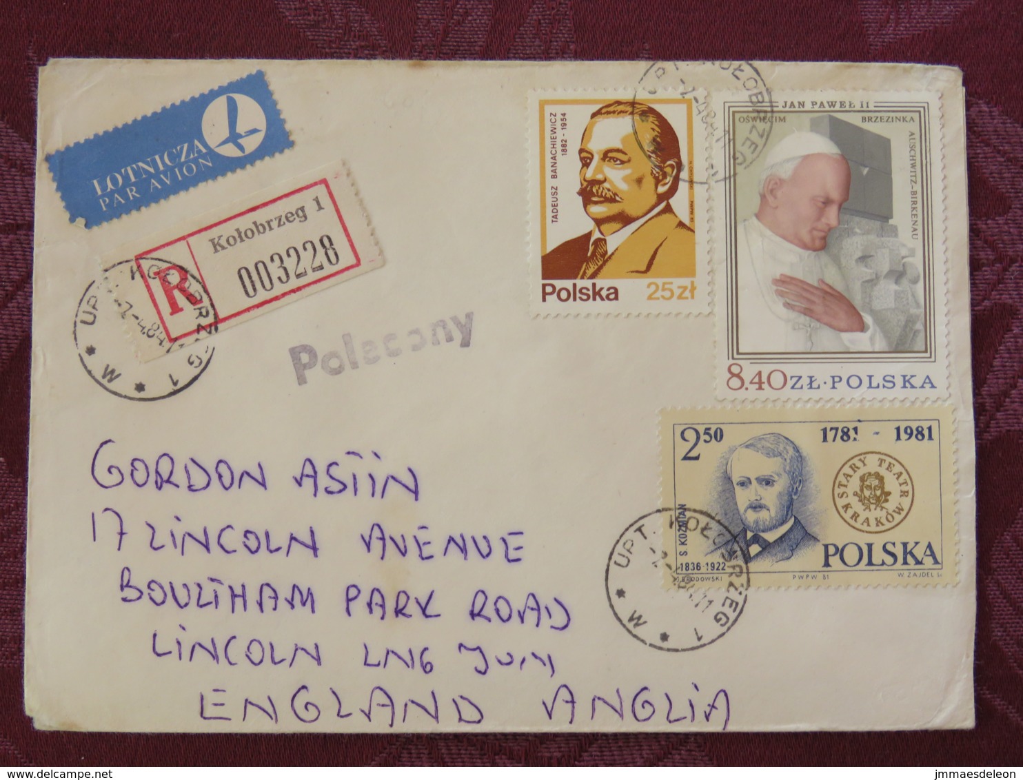 Poland 1984 Registered Cover Kolobrzeg To England - Banachiewicz - Astronomy - Pope John Paul II - Theater - Children Dr - Brieven En Documenten