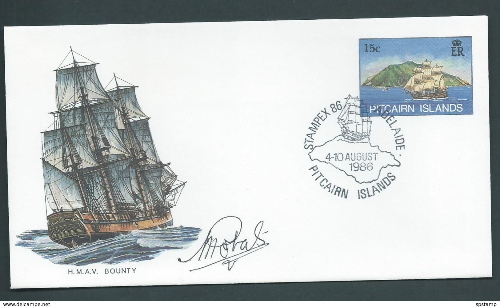 Pitcairn Islands 1986 15c HMAV Bounty Ship PSE , FU At Stampex Adelaide , Signed At Base (? Designer) - Pitcairn Islands