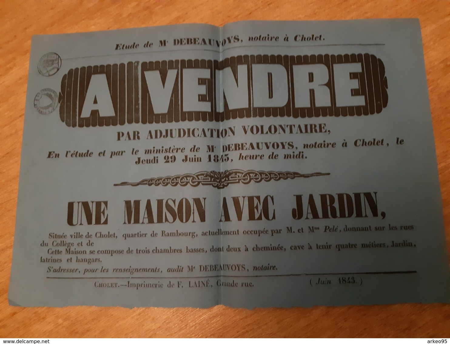 Affiche De Vente D'une Maison Avec Jardin à Cholet, Juin 1843 - Affiches