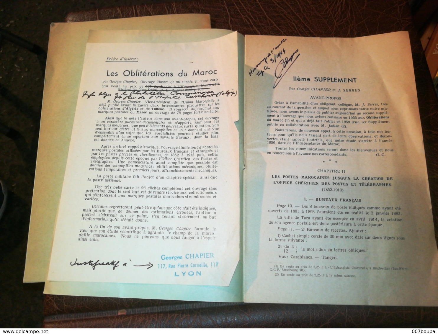 Georges Chapier Les Oblitérations du Maroc (72 pages) + Supplément (8 pages)