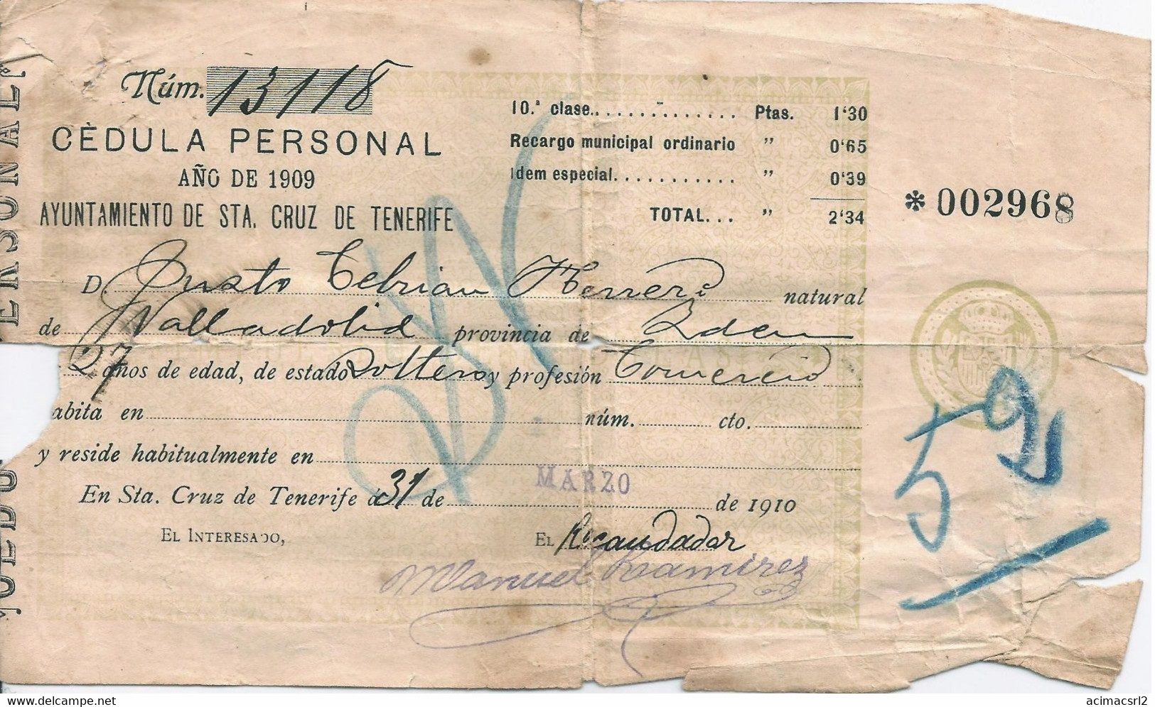 X2055 ESPAÑA SPAIN - CEDULA PERSONAL DE 1909 - Ayuntamiento De Sta. Cruz De Tenerife N° 13118 18x11cm - Unclassified