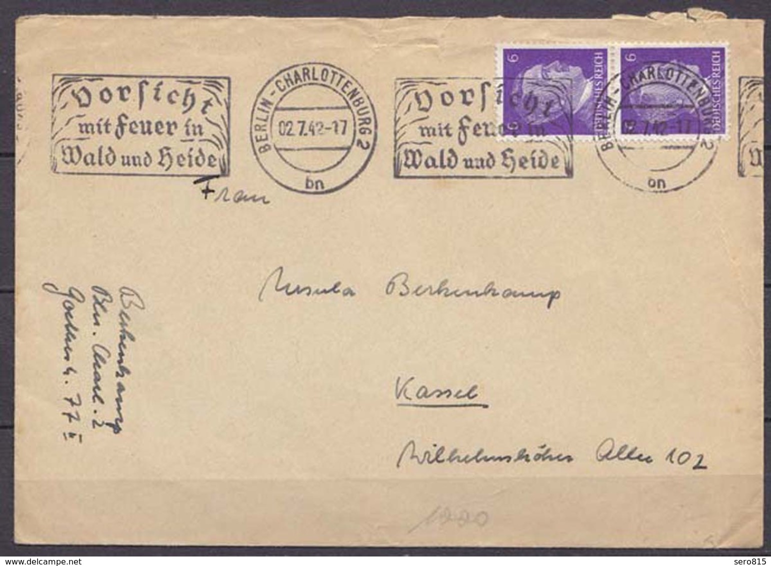 Berlin Charlottenburg Automatenstempel 1942 Vorsicht Feuer Nach Kassel (10253 - Andere & Zonder Classificatie