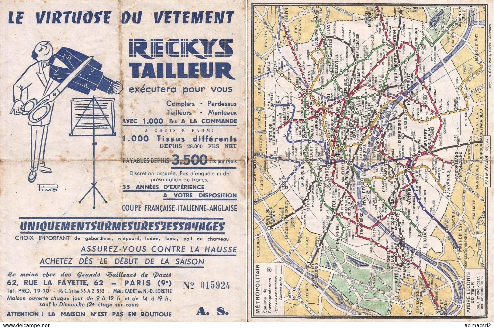 X2056 FRANCE Map Carte De PARIS Andre Leconte Avce Publicity RECKYS Tailleur "Le Virtuose Du Vetement" 1940' 18x14cm - Callejero