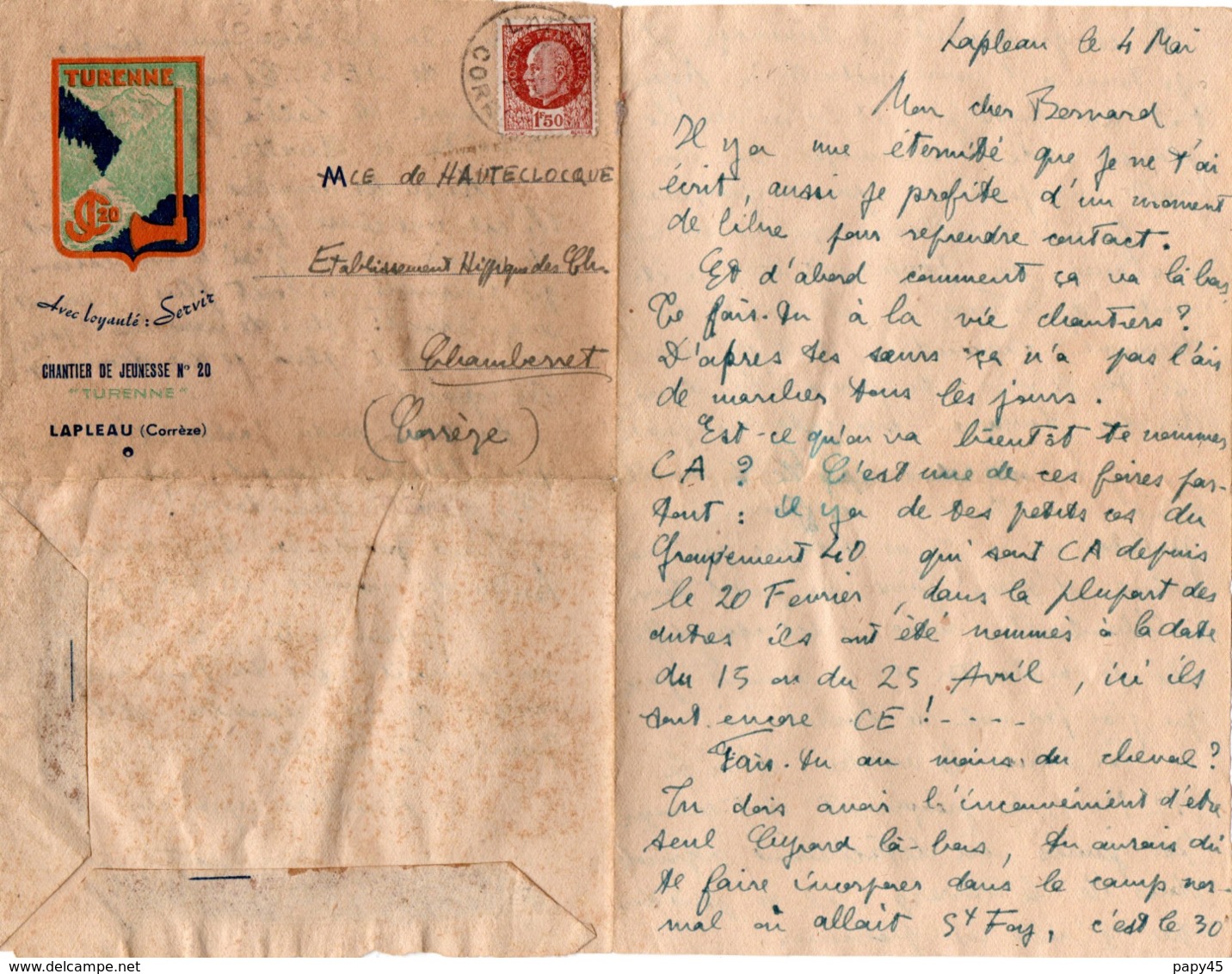 Lettre Chantier De Jeunesse N° 20 " Turenne " Lapleau ( Corrèze ) à Bernard De Hauteclocque  Chambéret ( Corrèze ) - Guerre De 1939-45