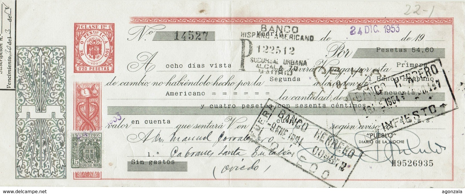 LETTRE DE CHANGE ESPAGNE - ANNÉE 1953 - PUEBLO DIARIO DE LA NOCHE - MADRID - Lettres De Change