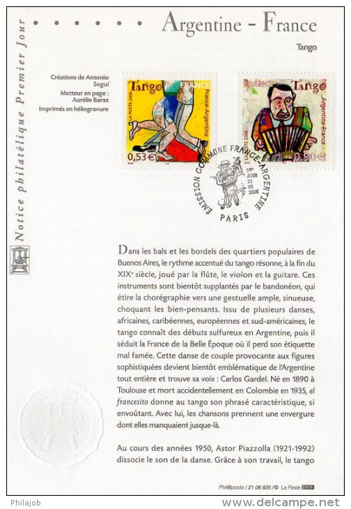 " ARGENTINE-FRANCE / TANGO " Sur Notice Officielle 1er Jour De 2006.  N° YT 3932 3933. Parfait état ! - Emissions Communes