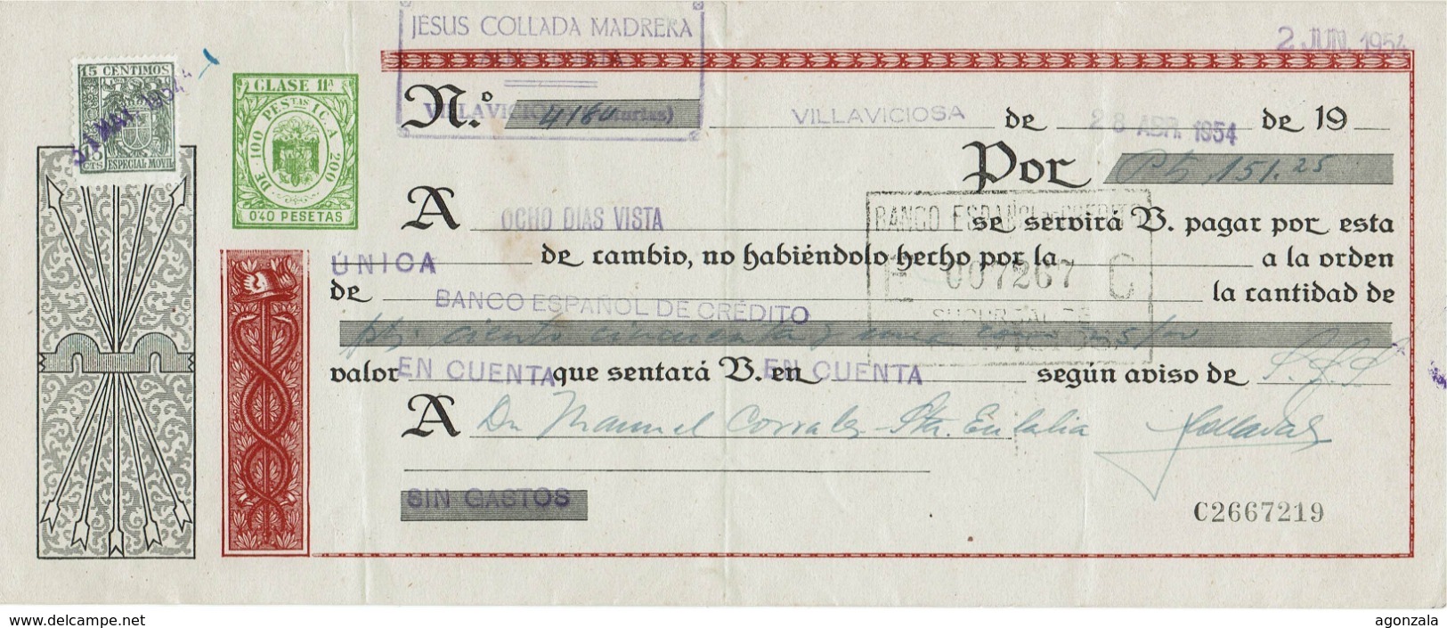 LETTRE DE CHANGE ESPAGNE - ANNÉE 1954 - JESUS COLLADA MADRERA ALMACENISTA - VILLAVICIOSA ASTURIAS - Lettres De Change