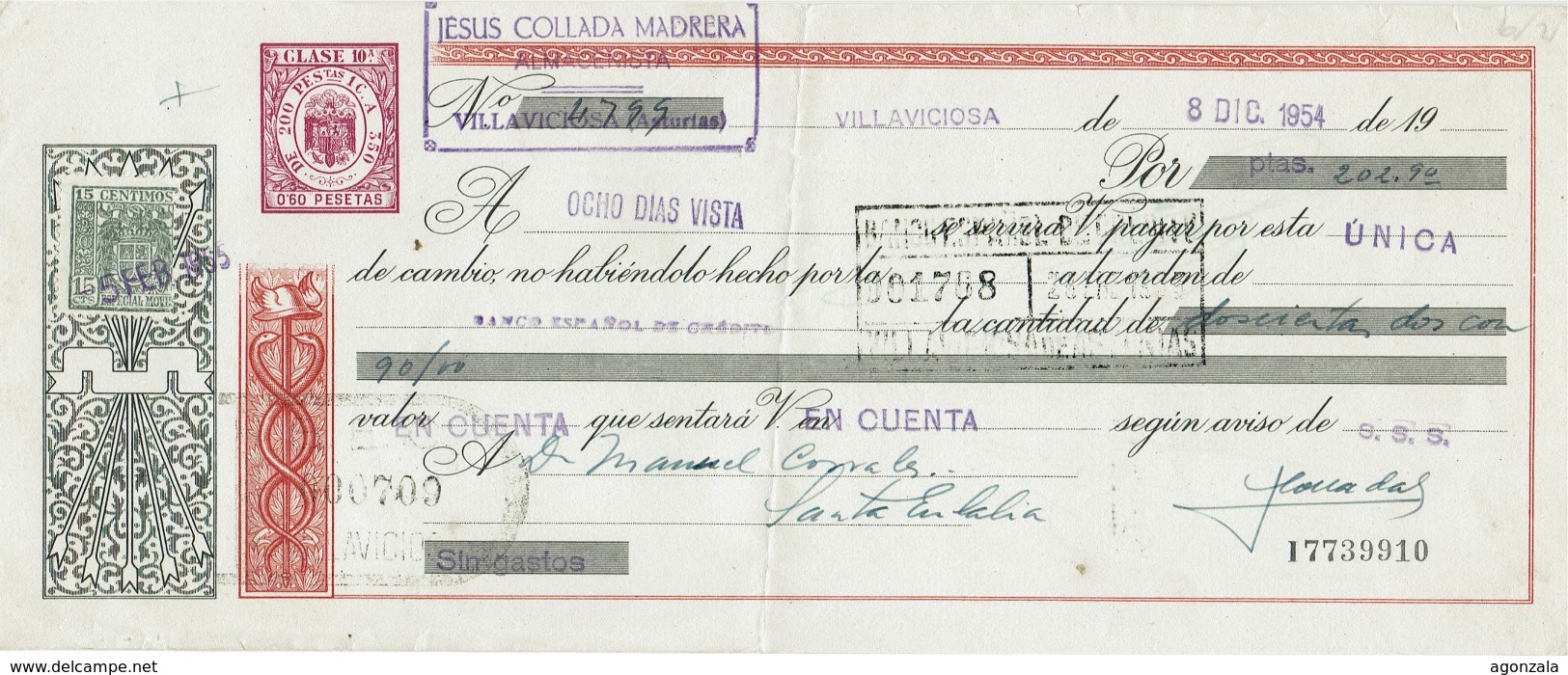 LETTRE DE CHANGE ESPAGNE - ANNÉE 1954 - JESUS COLLADA MADRERA ALMACENISTA - VILLAVICIOSA ASTURIAS - Lettres De Change