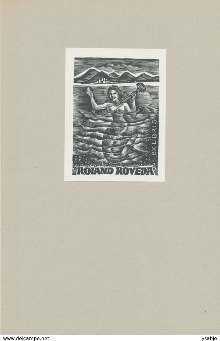 Ex Libris Roland Rovenda - Johann Naha (houtsnede) - Mermaid - Zeemeermin - Sirène - Ex-libris